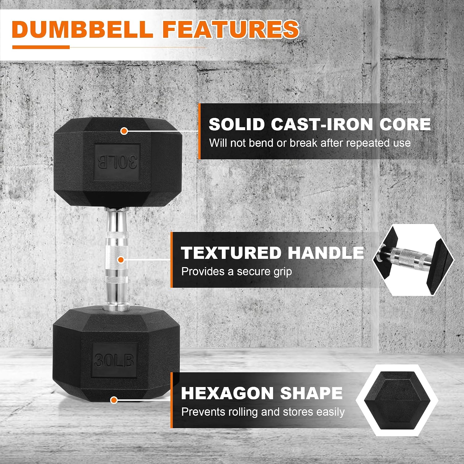 Fitvids 30LB Single Hex Dumbbells Rubber Coated Hand Weights for Exercises and Fitness, Black - Image 3