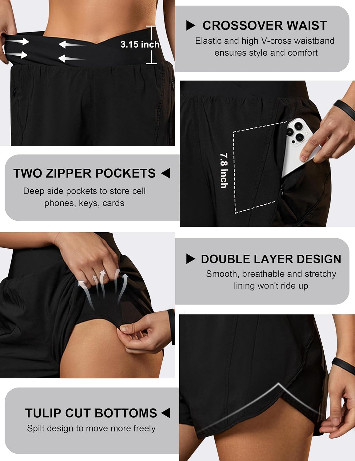 Blooming Jelly Women's Workout Shorts Athletic Running Shorts Crossover High Waisted Gym Shorts with Zipper Pockets - Image 6