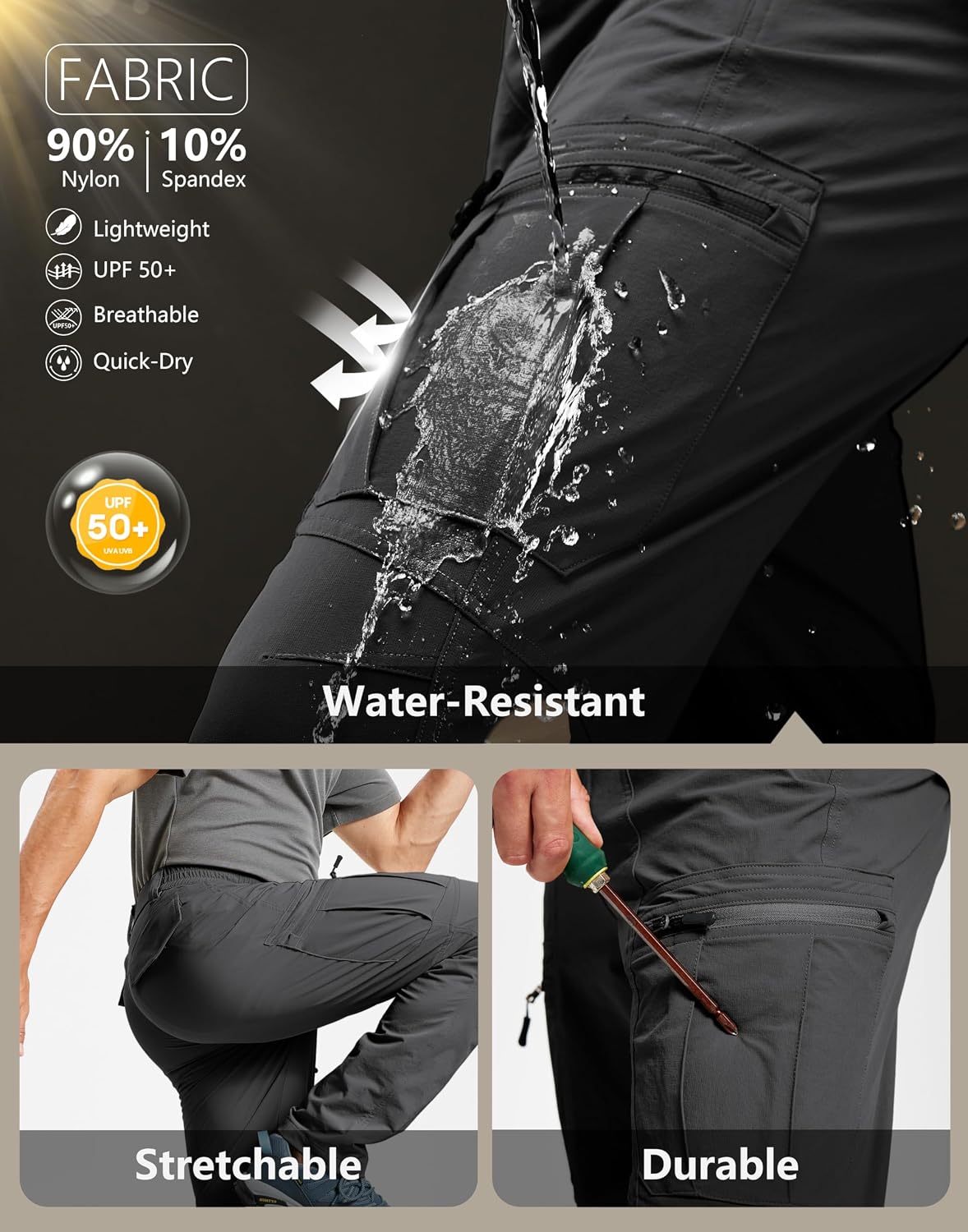Men's Hiking Pants Lightweight Waterproof Nylon Cargo Work Pants Quick Dry Stretch Travel Fishing Pants 6 Pockets - Image 4
