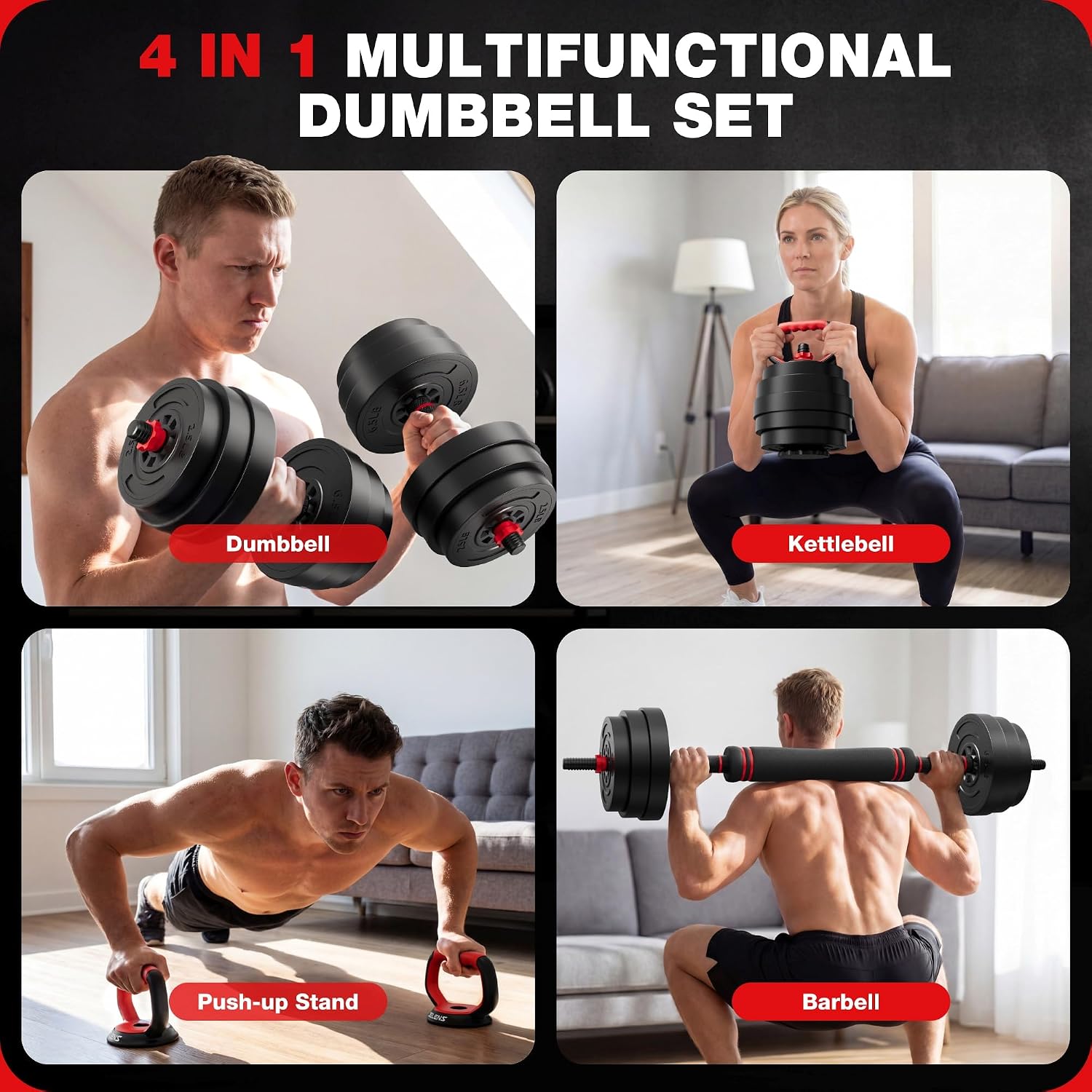 AD01 Adjustable Dumbbells Set, 30/45/70/92LBS Free Weight Set, 5 in 1 Weight Set Used as Kettlebells, Barbell, Push up Stand, Exercise Fitness for Home Gym Suitable Men/Women - Image 2