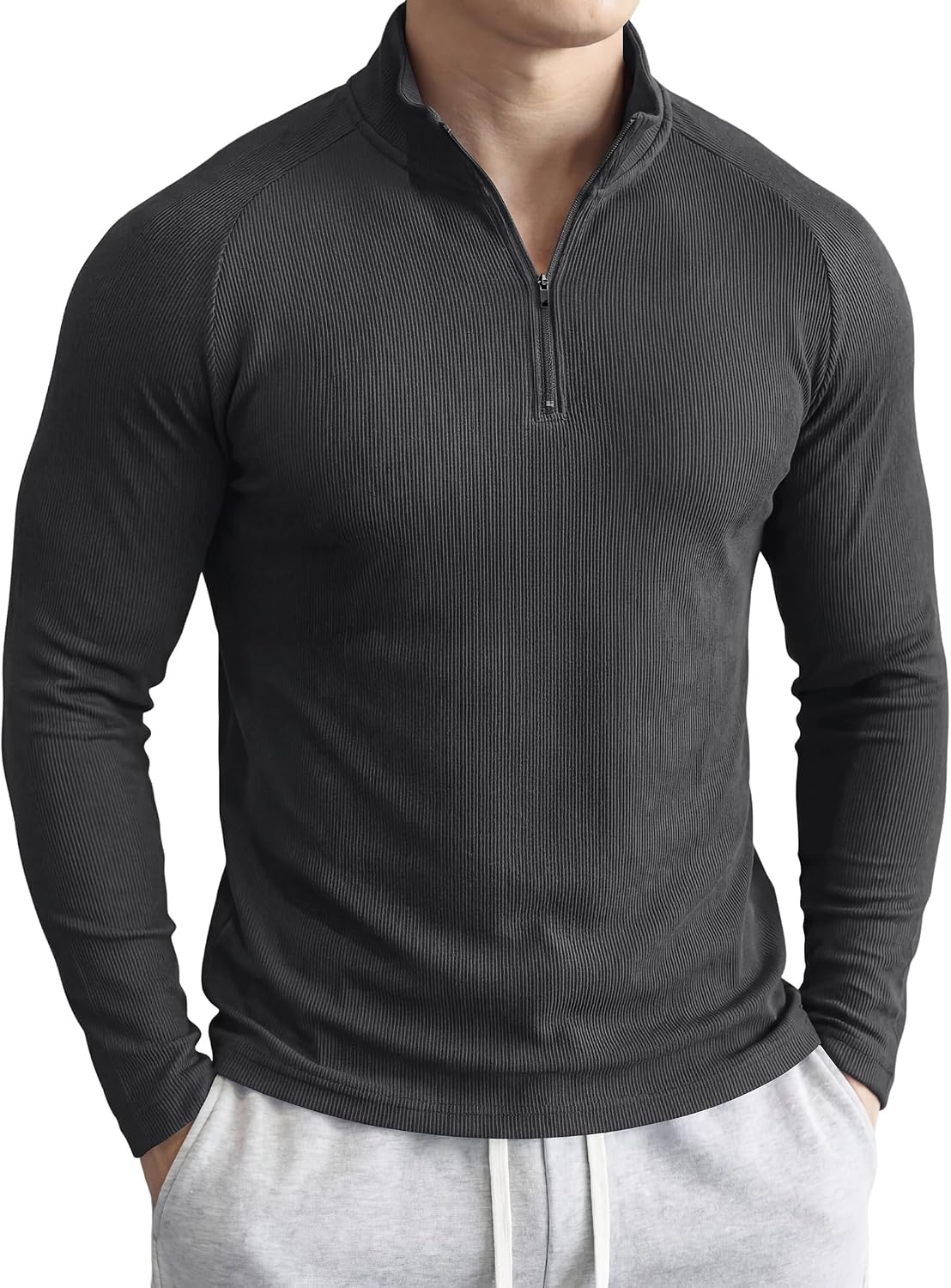 JMIERR Mens Quarter Zip Pullover Slim Fit Ribbed Long Sleeve Athletic Shirt | Textured Knit, Muscle Fit, Gym Tops, Long Sleeve, Workout T Shirt, Lightweight, Breathable, Running Training Activewear