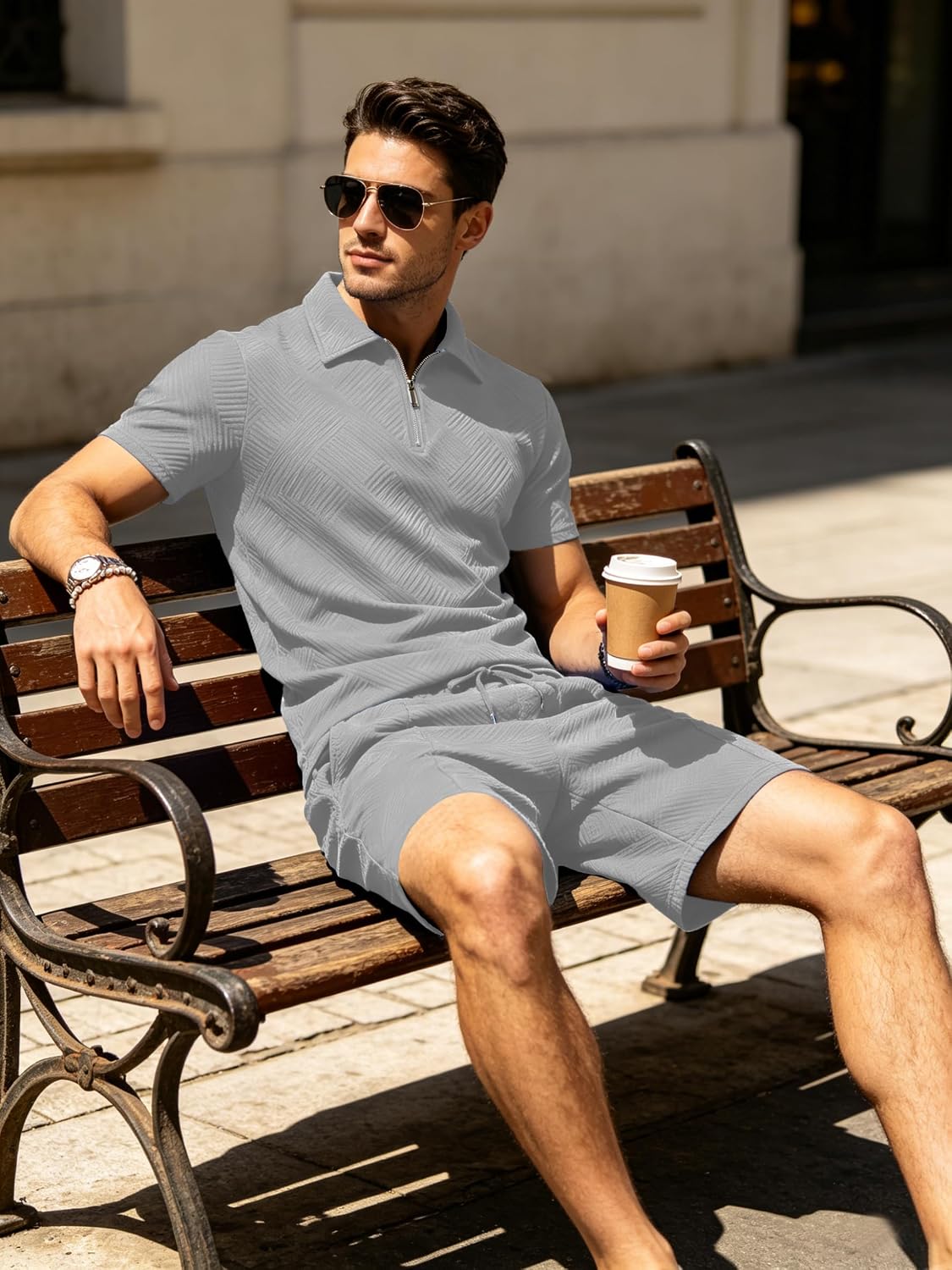 Mens Short Sets 2 Piece Outfits Summer Fashion Quarter Zip Polo & Athletic Shorts Retro Textured Vacation Tracksuit - Image 4