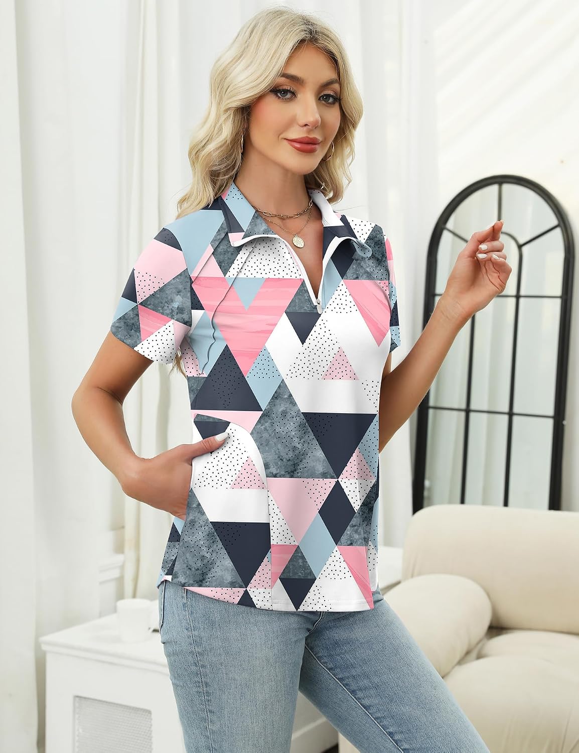LOMON Womens Golf Polo Shirts Summer Short Sleeve 1/4 Zip Tops Moisture Wicking Casual Tennis Activewear with Pockets - Image 3