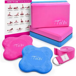TTolbi Yoga Starter Kit – Yoga Blocks 2 Pack, Strap & 2 Knee Pad Cushions | Non-Slip EVA Foam Equipment for Stretching, Flexibility & Joint Comfort | Home Pilates Set for Beginners, Women & Men