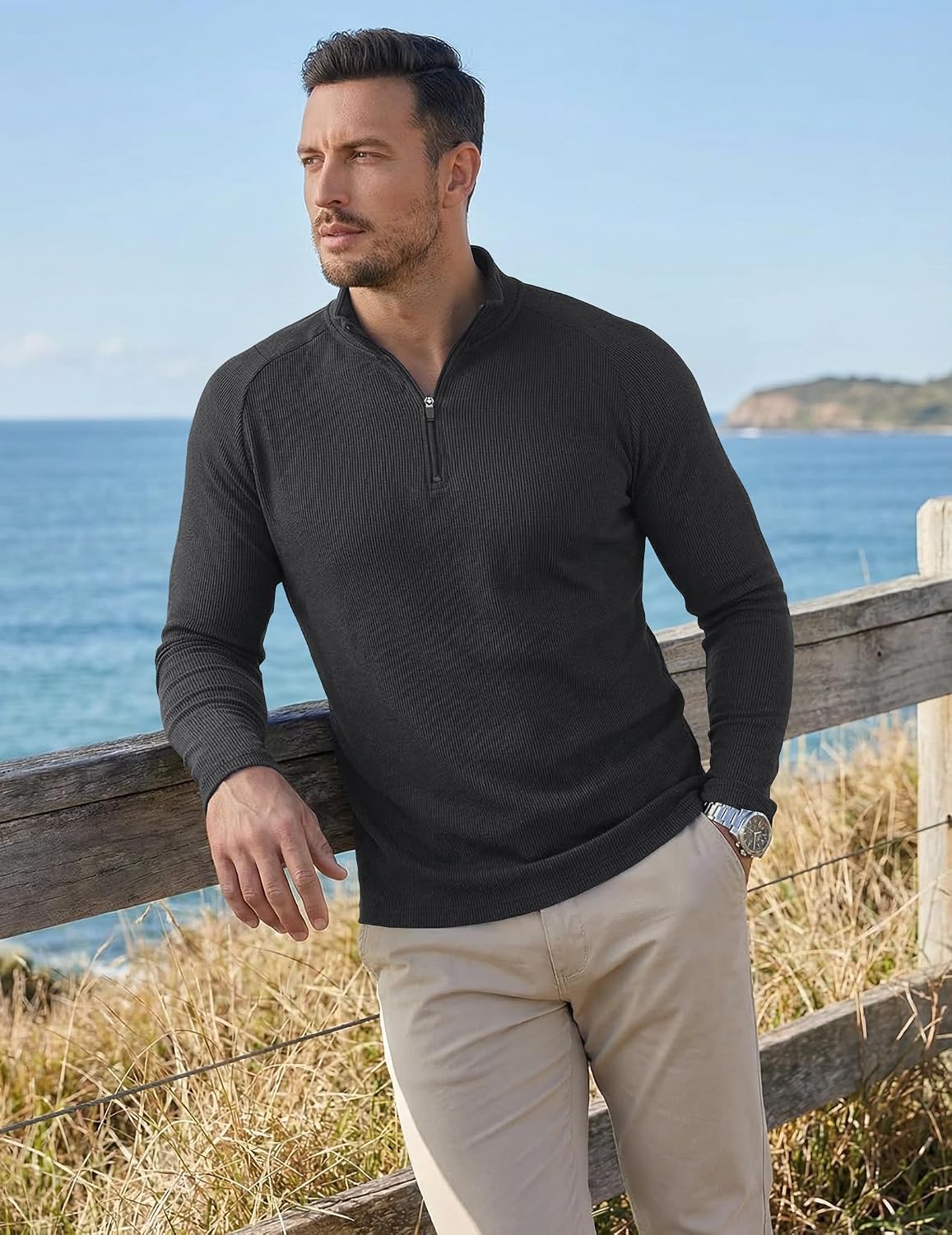 JMIERR Mens Quarter Zip Pullover Slim Fit Ribbed Long Sleeve Athletic Shirt | Textured Knit, Muscle Fit, Gym Tops, Long Sleeve, Workout T Shirt, Lightweight, Breathable, Running Training Activewear - Image 3