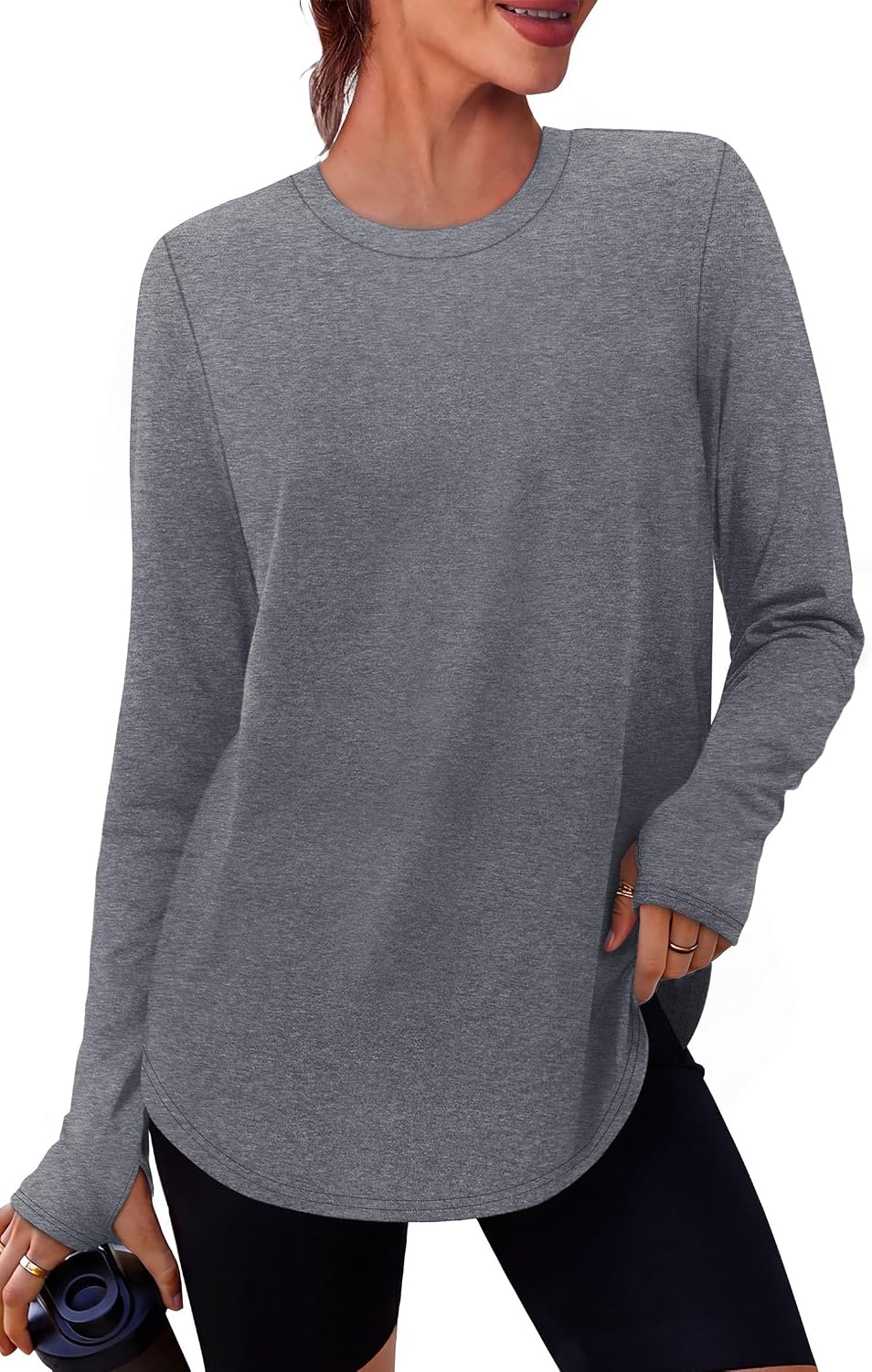 NIASHOT Workout Tops for Women Crewneck Long Sleeve Shirts with Thumb Holes UPF 50+ Sun Shirts for Hiking Running Gym Clothes