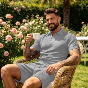 Mens Short Sets 2 Piece Outfits Summer Fashion Quarter Zip Polo & Athletic Shorts Retro Textured Vacation Tracksuit
