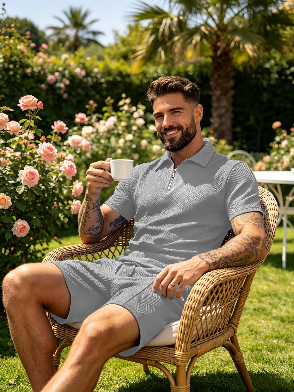 Mens Short Sets 2 Piece Outfits Summer Fashion Quarter Zip Polo & Athletic Shorts Retro Textured Vacation Tracksuit - Image 2