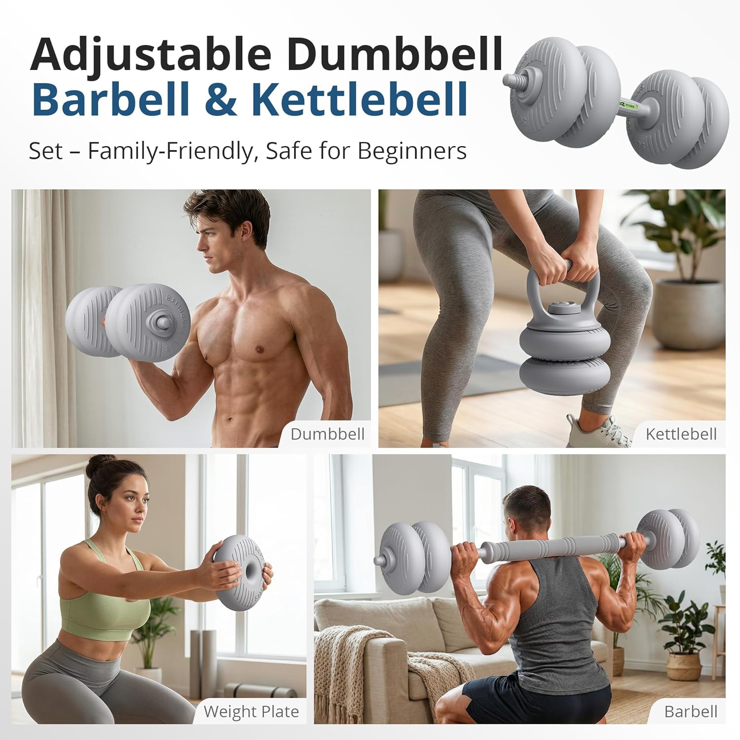 RYGEO Adjustable Dumbbell Set 22lb/44lb/66lb/80lbs Free Weights and Connector, Convert to Barbell, Kettlebells, All Floor Friendly Soft-shell Dumbbells, Home Gym Fitness for Men Women - Image 2