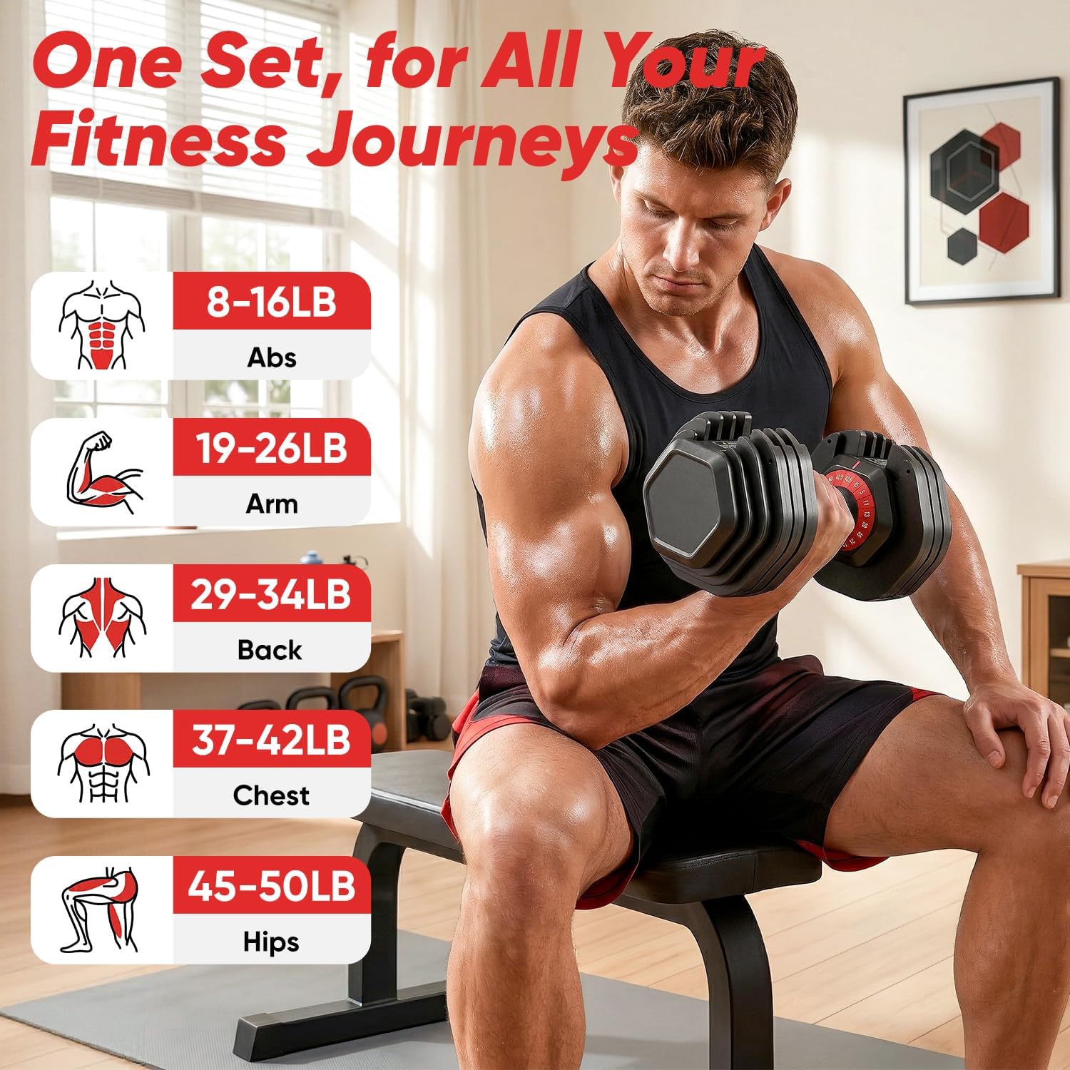 PIRIER Adjustable Dumbbell Set 50LB, 18-in-1 Free Weight Adjustable Dumbbells, One-Hand Twist Adjust, Space-Saving Design, Home Gym Strength Training Equipment for Men & Women - Image 8