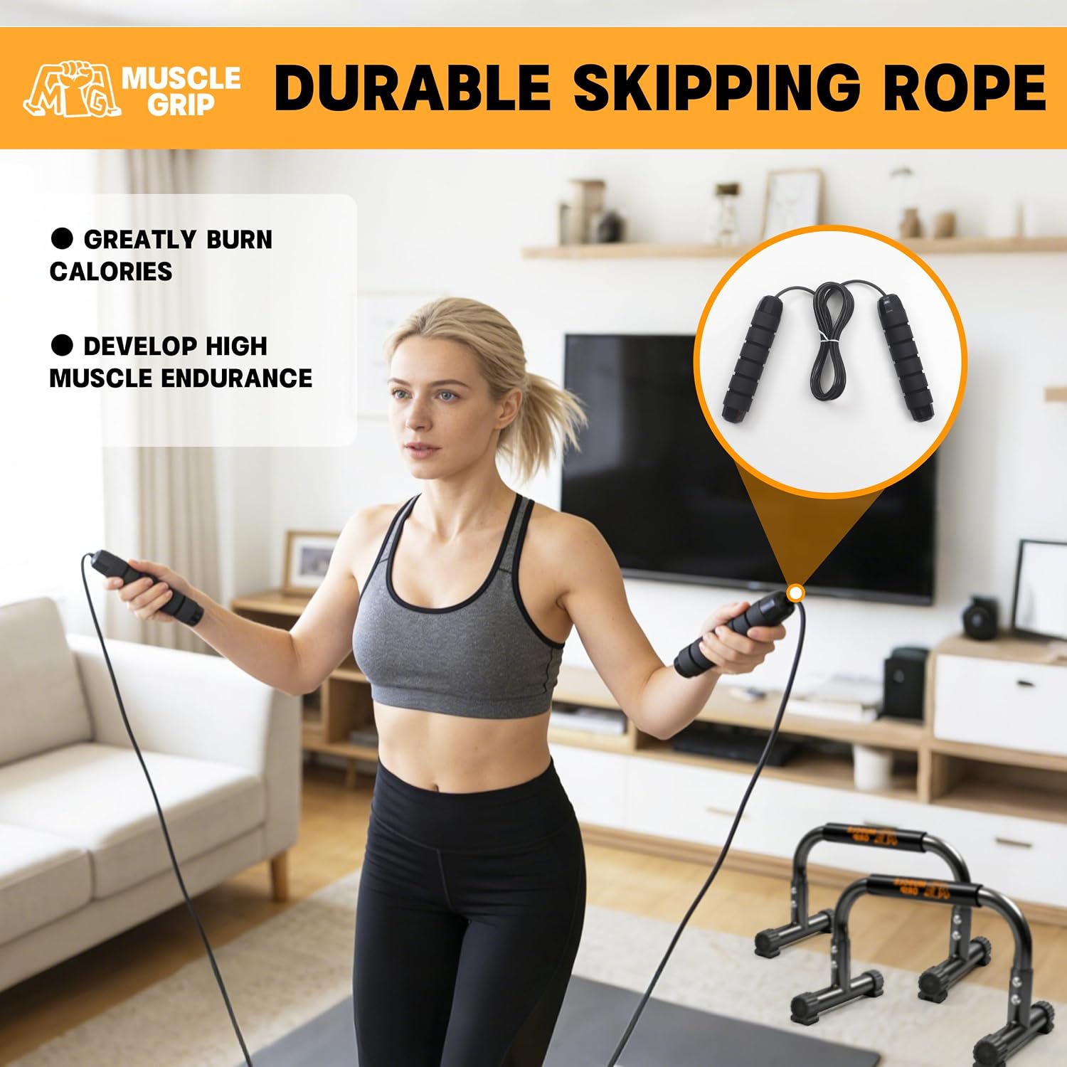 Push Up Bars Parallettes, 10โ Heavy-Duty Steel Dip Bars with Non-Slip Foam Handles, Calisthenics Equipment for Handstands, L-Sit & Dips, Home Gym Workout Set with Jump Rope - Image 7